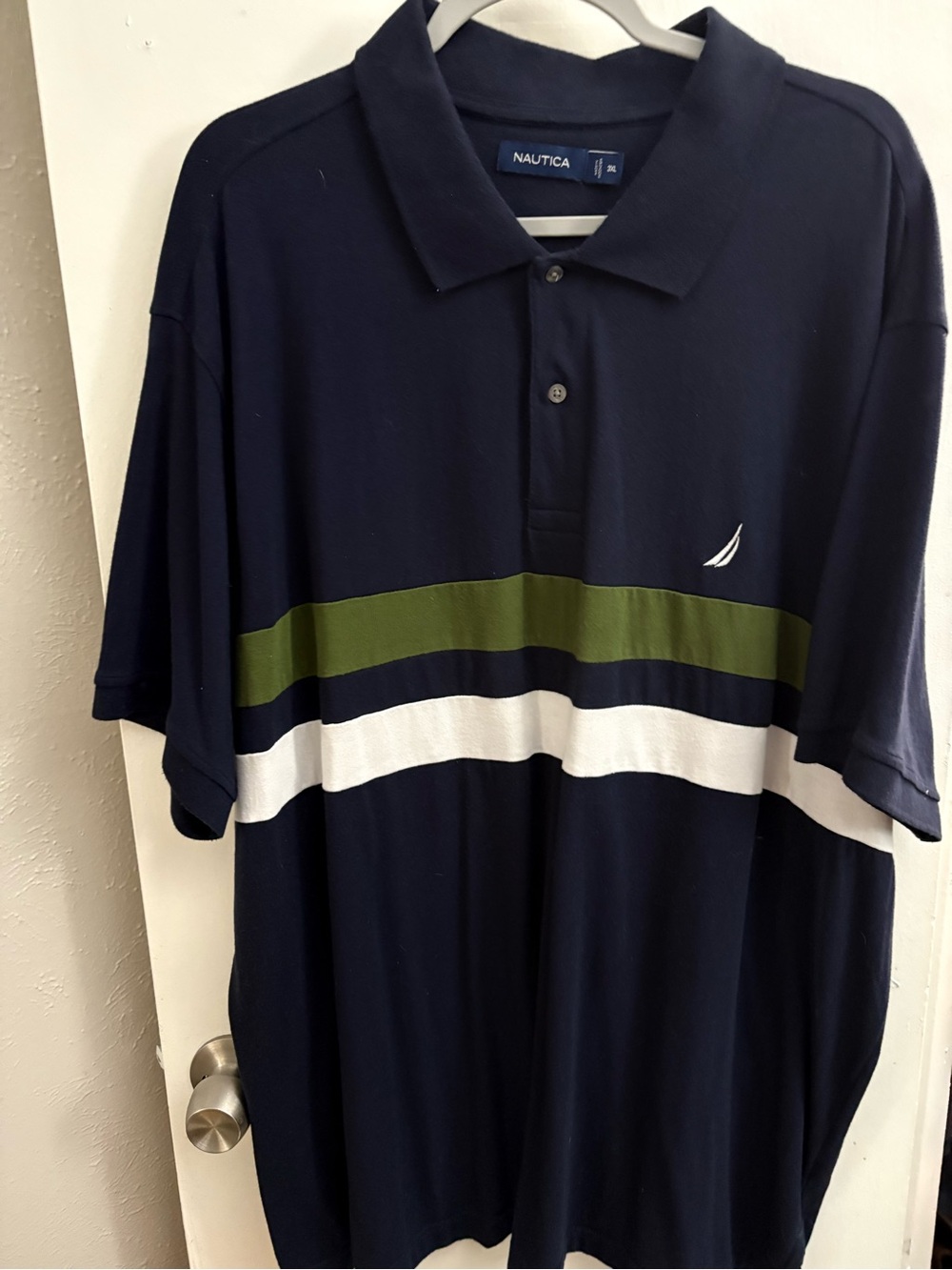 Nautica Navy Polo with Olive and White Horizontal Stripes